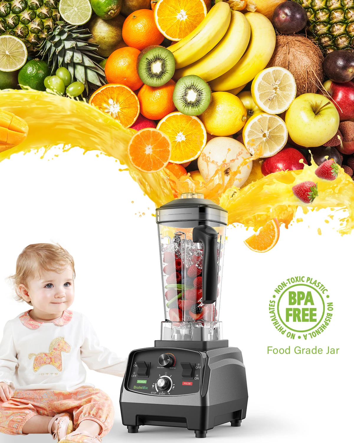 BioloMix 3HP 2200W Heavy Duty Grade Timer Blender Mixer Juicer Fruit Food Processor Ice Smoothies BPA Free 2L Jar