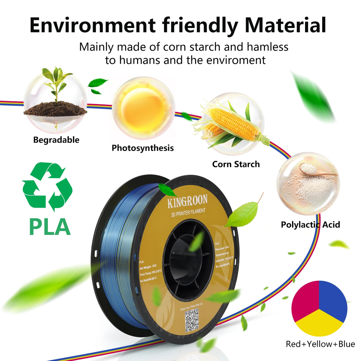 KINGROON Silk Tri-color PLA Filament 3D Printer 1.75mm 1KG/roll  Silk PLA Filament Plastic Material 3D Printing Special Color