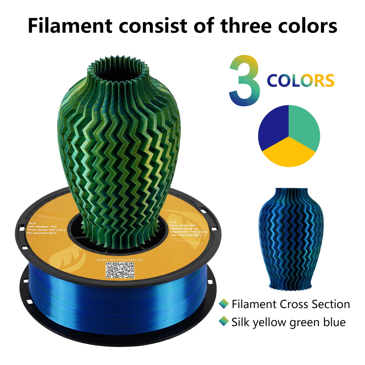 KINGROON Silk Tri-color PLA Filament 3D Printer 1.75mm 1KG/roll  Silk PLA Filament Plastic Material 3D Printing Special Color