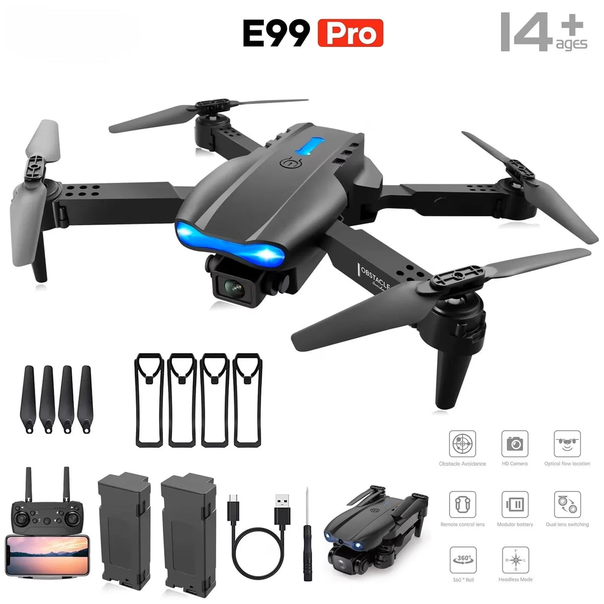 E99 PRO MAX Foldable Drone with Dual HD Cameras, Screen Remote Control, 2 Batteries, 40Min Total Flight Time, One Key Return, LED Lights, Spare Propellers, Propeller Guards, Repair Tool Kit, RC Quadcopter, Black Friday Christ