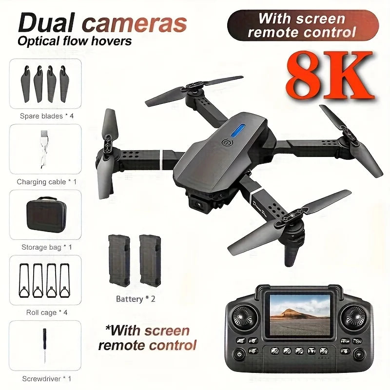 E99 PRO MAX Foldable Drone with Dual HD Cameras, Screen Remote Control, 2 Batteries, 40Min Total Flight Time, One Key Return, LED Lights, Spare Propellers, Propeller Guards, Repair Tool Kit, RC Quadcopter, Black Friday Christ