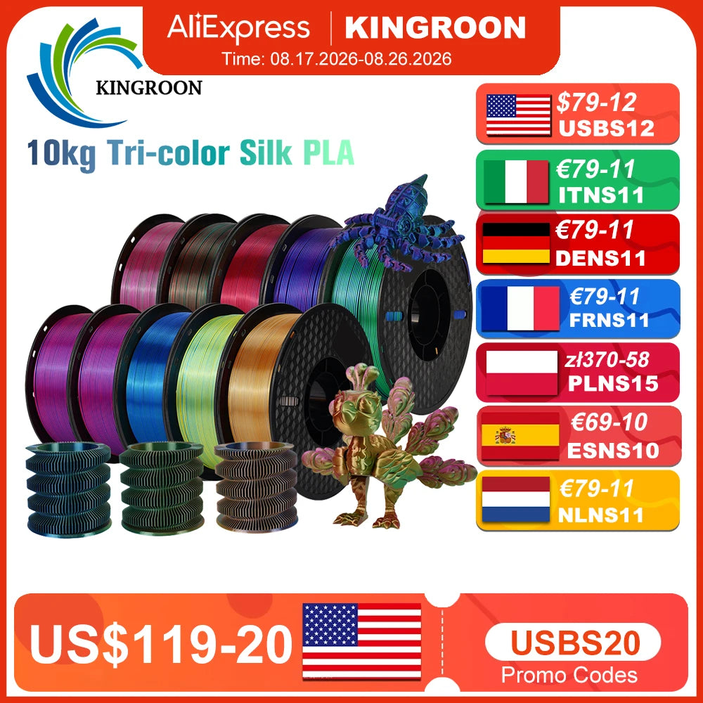 KINGROON Silk Tri-color PLA Filament 3D Printer 1.75mm 1KG/roll  Silk PLA Filament Plastic Material 3D Printing Special Color