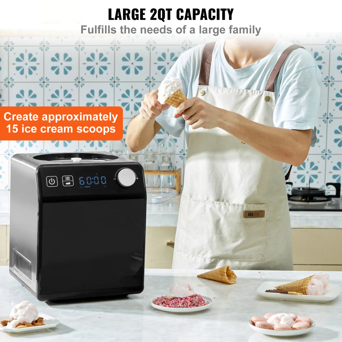 SucceBuy Upright Automatic Ice Cream Maker with Built-in Compressor 2 Quart No Pre-freezing Fruit Yogurt Machine 4 Modes