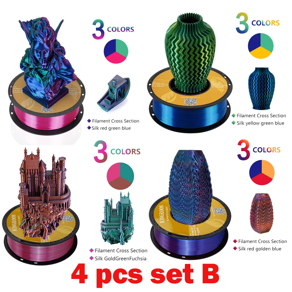 KINGROON Silk Tri-color PLA Filament 3D Printer 1.75mm 1KG/roll  Silk PLA Filament Plastic Material 3D Printing Special Color