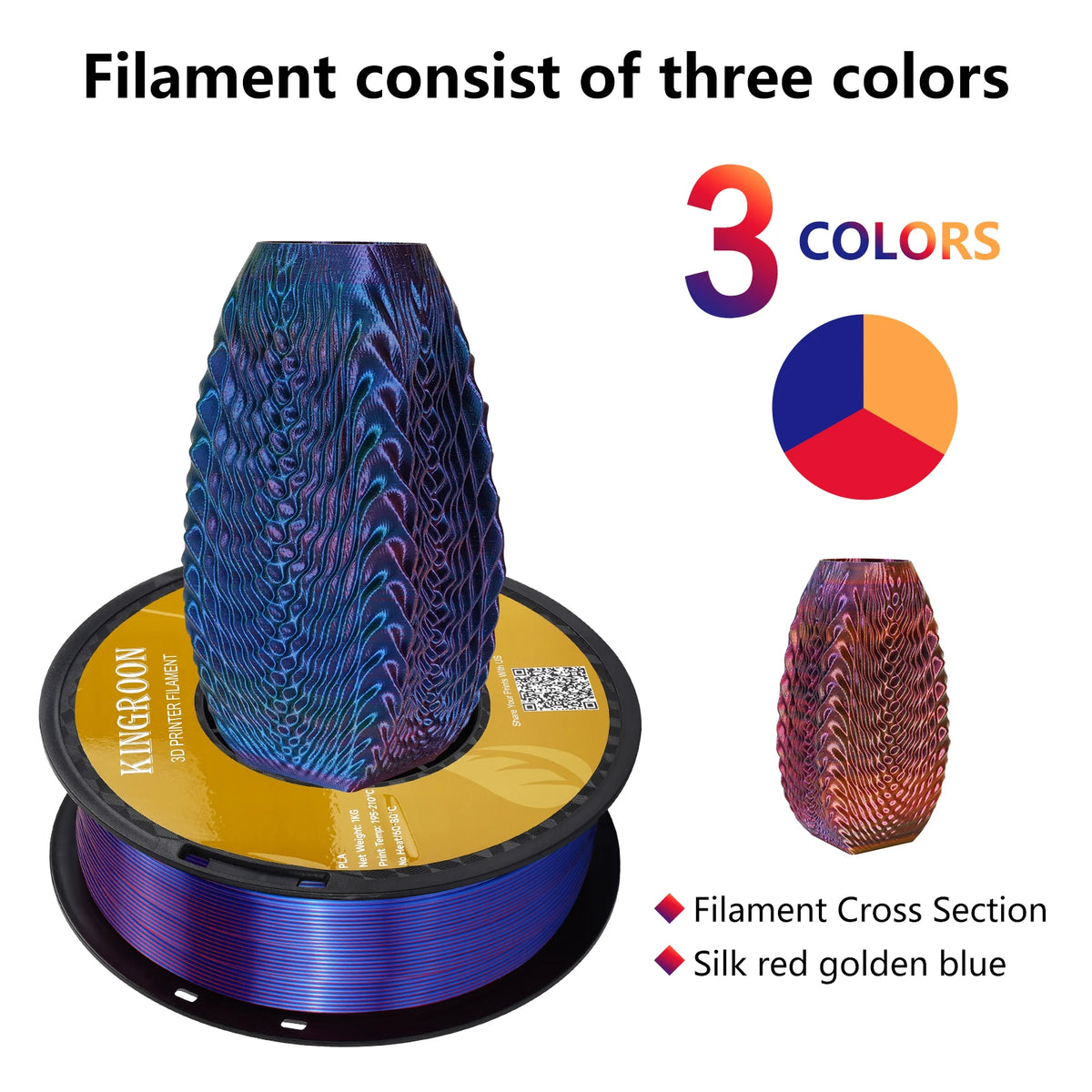 KINGROON Silk Tri-color PLA Filament 3D Printer 1.75mm 1KG/roll  Silk PLA Filament Plastic Material 3D Printing Special Color
