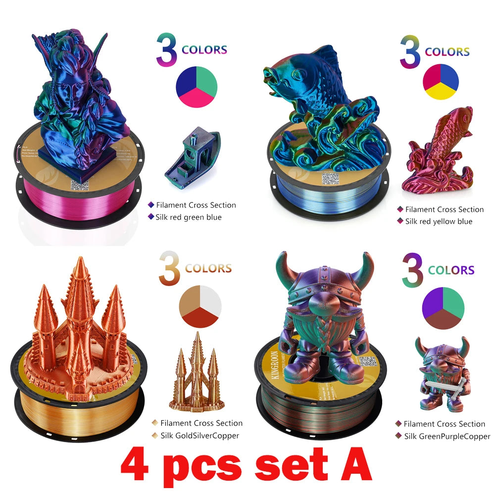 KINGROON Silk Tri-color PLA Filament 3D Printer 1.75mm 1KG/roll  Silk PLA Filament Plastic Material 3D Printing Special Color